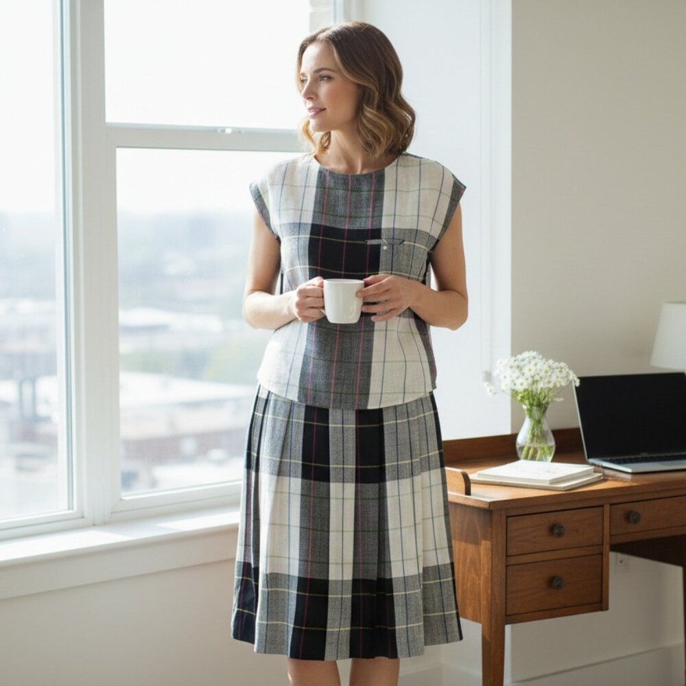 Vtg 80s Liz Claiborne Plaid Top & Midi Skirt Set Linen Blend Preppy